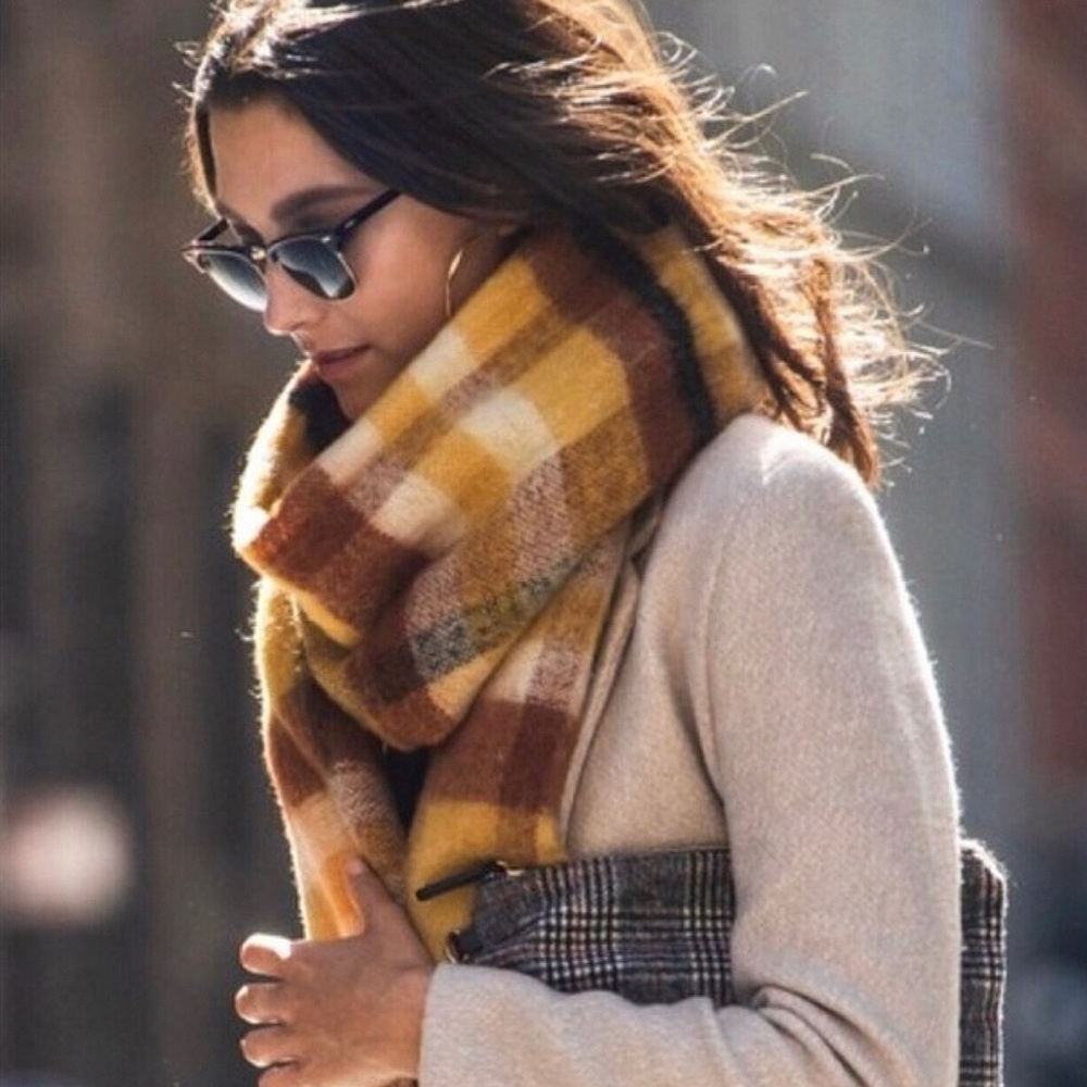 Plaid Brushed Fringe Long Scarf